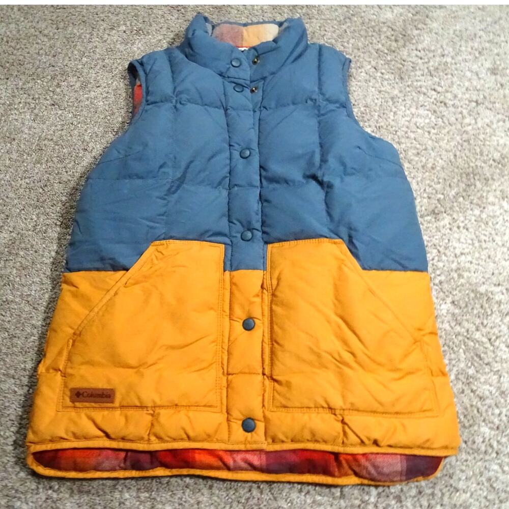 Columbia South Canyon Bluff Puffer Vest Womens S Flannel Lined Gray Blue Orange